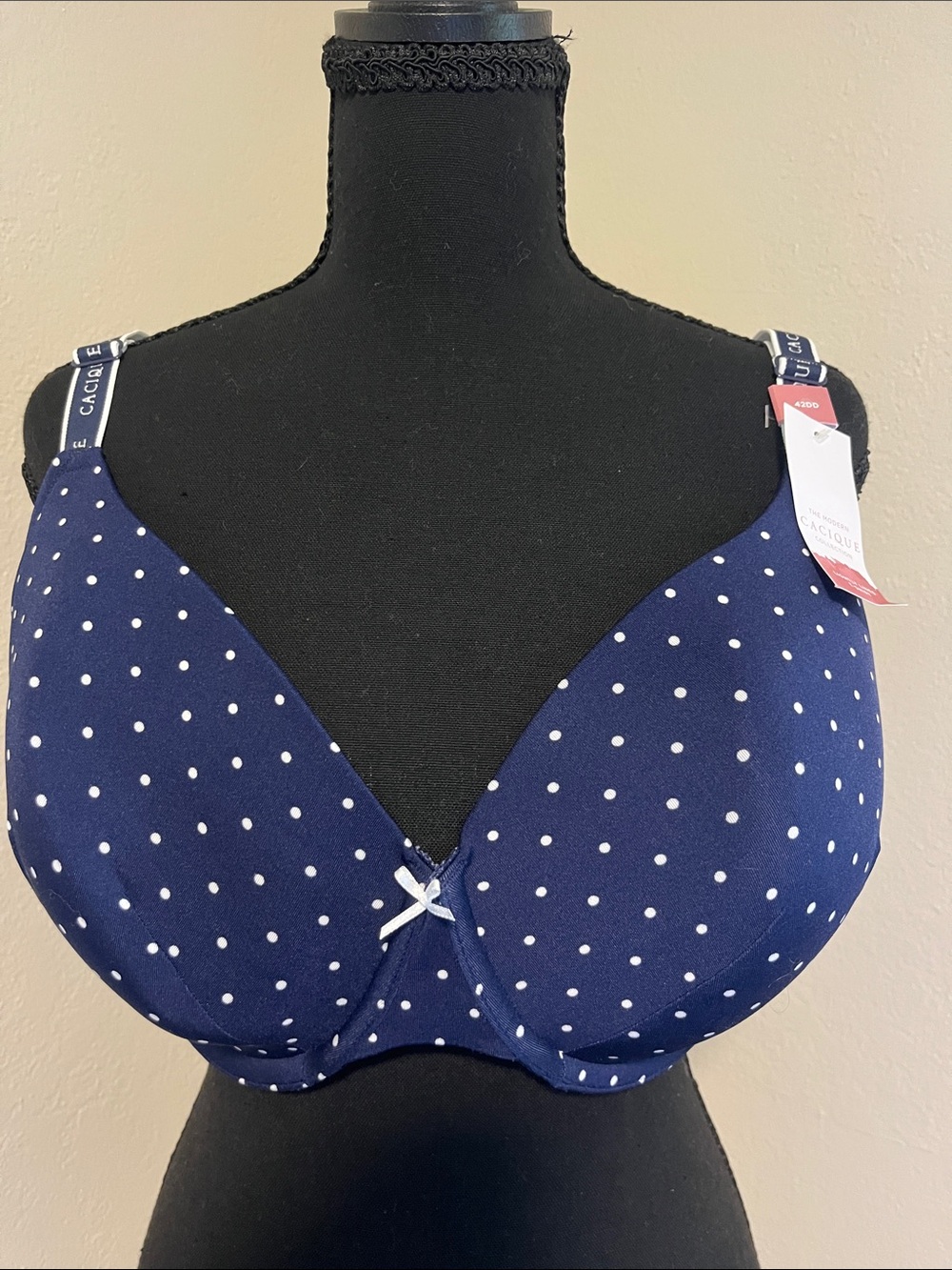 NWT Cacique Lightly Lined T-shirt Bra Navy with White Polka Dot-42DD